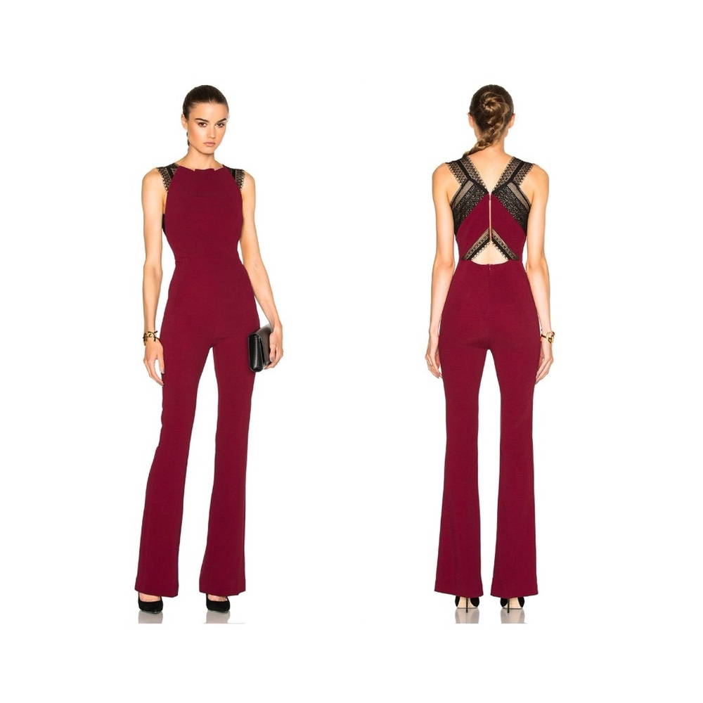 Roland Mouret Cross Double Crepe & Lace Jumpsuit (Sz FR 42) Cherry Red / Black